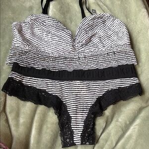 Striped Black and White Lace Trim Intimates Set